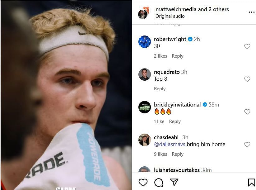 Robert Wright reacts to Liam McNeeley's UConn highlight reel on IG. Image via @mattwelchmedia